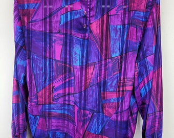 VINTAGE Petite Sophisticate Top Women 12P Colorful Popover Sheer Abstract Blouse