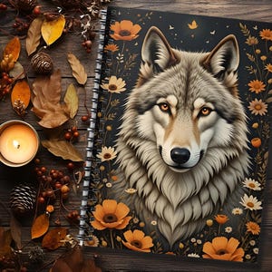 Könnte beinhalten: Ein Spiralnotizbuch mit einer detaillierten Illustration eines Wolfes mit bernsteinfarbenen Augen. Der Wolf ist von orangefarbenen und weißen Blumen vor einem dunklen Hintergrund umgeben. Die Szene spielt auf einer Holzoberfläche mit Herbstblättern, Beeren, Tannenzapfen und brennenden Kerzen.