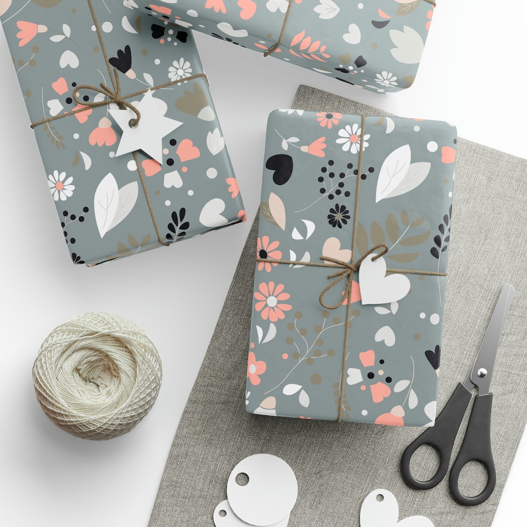 Grey Floral Hearts Wrapping Paper, Elegant Gift Wrap for Birthdays ...