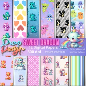 Może przedstawiać: Dwunastu cyfrowych papierów z uroczymi kreskówkowymi smokami w różnych pozach i kolorach. Papiery mają różne wzory, w tym serca, paski i bąbelki. Na obrazku widnieje tekst "SWEET DRAGON" i "12 Digital Papers".