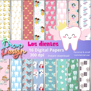 May include: A collection of 16 digital papers with various patterns, including teeth, fairies, crowns, and stars. The color palette includes pink, blue, yellow, and white. The text "Los dientes" and "Drop Design" are also visible.