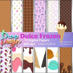 Może przedstawiać: Dwunastu cyfrowych papierów z różnymi wzorami w stylu lodów i czekolady. Wzory obejmują waflowe rożki, tabliczki czekolady, posypki i rożki lodowe. Tekst "Dulce Frozen" jest w różowych i białych literach na fioletowym tle. Tekst "12 cyfrowych papierów" jest w białych literach na różowym tle. Tekst "300 dpi" jest w białych literach na różowym tle. Tekst "Natychmiastowe pobranie" jest w białych literach na różowym tle. Tekst "Użytek osobisty i niewielki komercyjny" jest w białych literach na różowym tle.