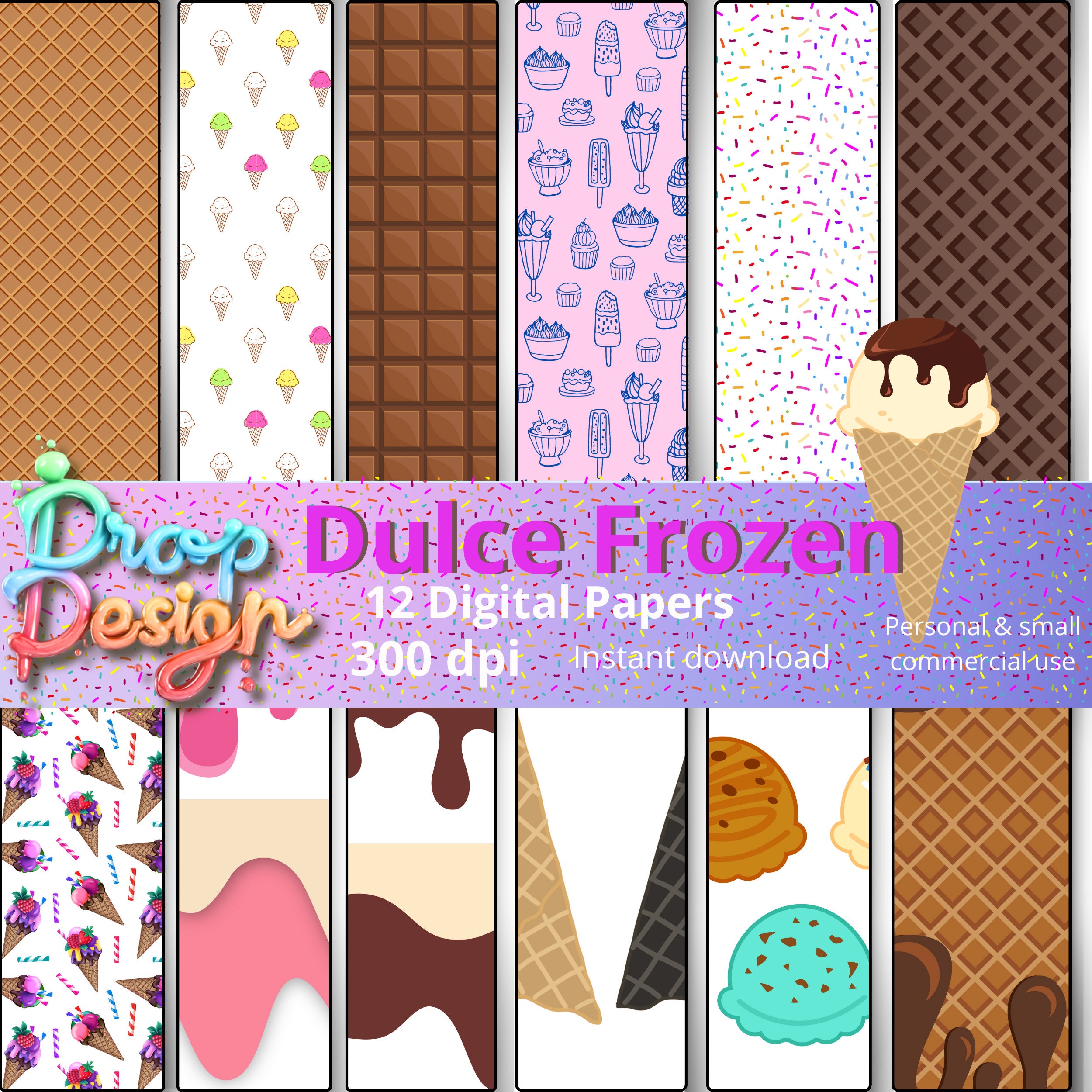 Bello papel digital de Waffle helado que se puede usar como fondo para proyectos DIY, scrapbooking y decoración de fiesta Descarga inmediata