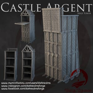 Castle Argent Siege Tower Terrain, 3D Printed Medieval Scenery by Dark Realms Forge, available in 15mm 28mm 32mm and 35mm scale for Dioramas