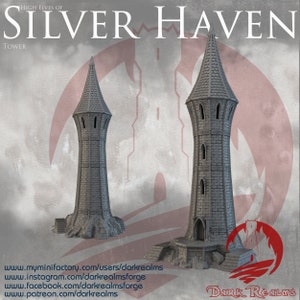 Elven Wizard Tower Fantasy Terrain for RPG Tabletop, Silver Haven Mage Spire by Dark Realms Forge