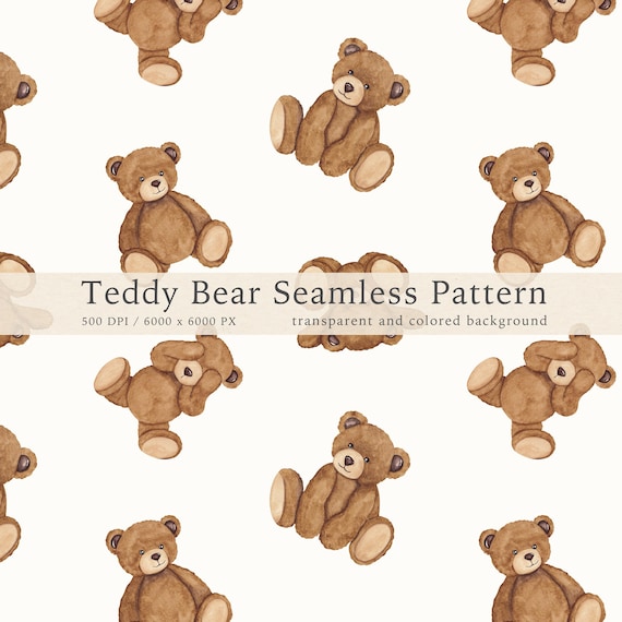 Watercolor Teddy Bear Seamless Pattern, Nursery Fabric Print (PNG Digital Download)