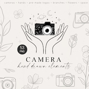 Camera logo lijntekeningen clipart hand magie flora ruimte lijntekening logo fotografie logo ontwerp wilde bloemen schattige camera's watermerk DIY png