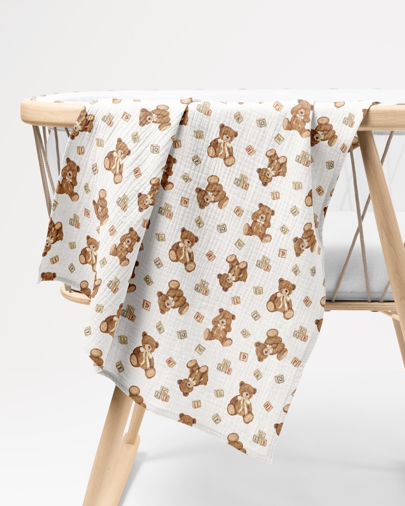 Vintage Teddy Bear and Blocks Seamless Pattern, Watercolor Nursery Baby Bear, Cute Toy Fabric Print, Printing Textile, Digital Scrapbook PNG
