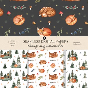 Animaux endormis aquarelle transparente motif papier numérique pour tissu chambre d'enfant impression bébé forêt mignon cerf ours renard écureuil fond PNG