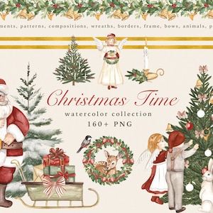 Clipart di Natale ad acquerello, Natale vintage, angelo, bambini invernali, ghirlande, albero, fiocchi rossi, vacanze nel bosco, immagine digitale PNG per biglietti