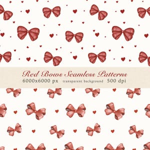 Watercolor Red Bows Seamless Pattern: Heart Prints (Digital Paper PNG)