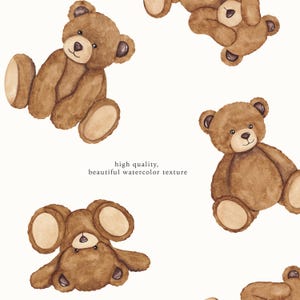Watercolor Teddy Bear Seamless Pattern, Vintage Nursery Baby Bear, Cute Boho Neutral Toy Bear Print, Printing Textile, Digital Scrapbook PNG