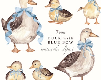 Blue Bow Duckling Watercolor Clipart: Farm Nursery Art (PNG Digital Download 500 DPI)