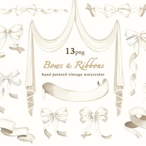 Pode incluir: Ilustração em aquarela de laços e fitas em vários estilos. A imagem apresenta uma coleção de laços e fitas em estilo vintage pintados à mão em tons de branco e creme, com o texto "Bows & Ribbons" e "hand painted vintage watercolor".