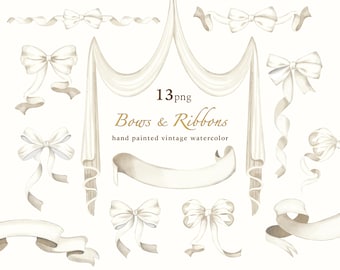 Vintage White Bows Watercolor Clipart, Coquette Ribbon Borders (PNG Digital Download)