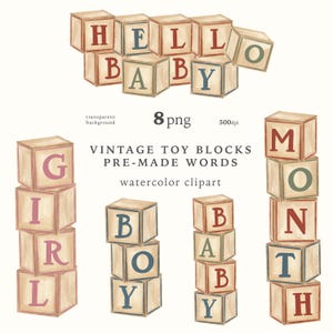 Pode incluir: Clipart em aquarela de blocos de brinquedo vintage que soletram "HELLO BABY", "GIRL", "BOY" e "MONTH". Os blocos são de cor castanho claro com letras vermelhas, azuis e verdes. A imagem também inclui o texto "8 png" e "500dpi".