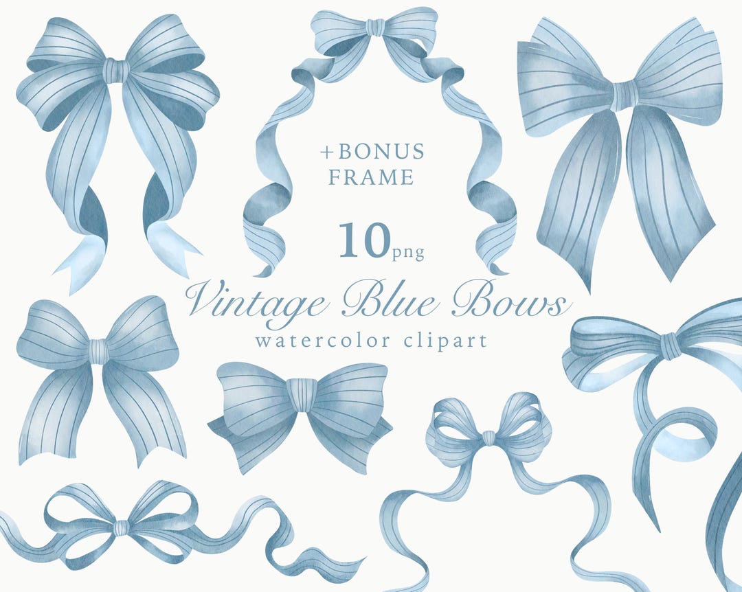 Vintage Blue Bows Watercolor Clipart, Baby Shower PNG (digital Download ...