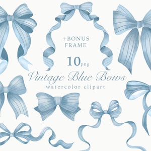 Aquarelle vintage noeuds bleus, noeud bleu avec des rayures des cliparts, cadre de ruban, baby shower, faire-part de mariage PNG, tendre collection décorative