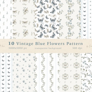Vintage Fiori Blu Carta Digitale Floreale Farfalla Modello Senza Cuciture Clipart Tessuto Asilo Nido Stampa Tessile Scrapbook Acquerello Set Stampabile