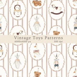Vintage Spielzeug Musterdesign, Kinderzimmer Aquarell Baby Tier, neutraler Tapetendruck, verwenden für den Druck von Textilien, digitales Scrapbook-Papier PNG