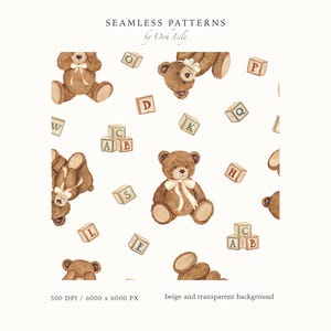 Vintage Teddy Bear and Blocks Seamless Pattern, Watercolor Nursery Baby Bear, Cute Toy Fabric Print, Printing Textile, Digital Scrapbook PNG