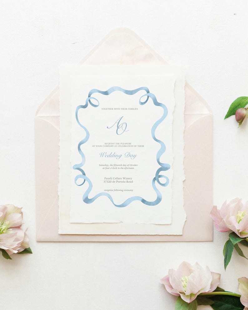 Watercolor Frame Clipart, Blue Bow & Ribbon Tiny Frames, Cute Wavy Borders, Vintage  Wedding Invitation, Nursery Print, Digital Download PNG