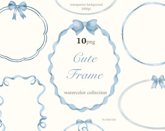 Watercolor Frame Clipart, Blue Bow & Ribbon Tiny Frames, Cute Wavy Borders, Vintage  Wedding Invitation, Nursery Print, Digital Download PNG