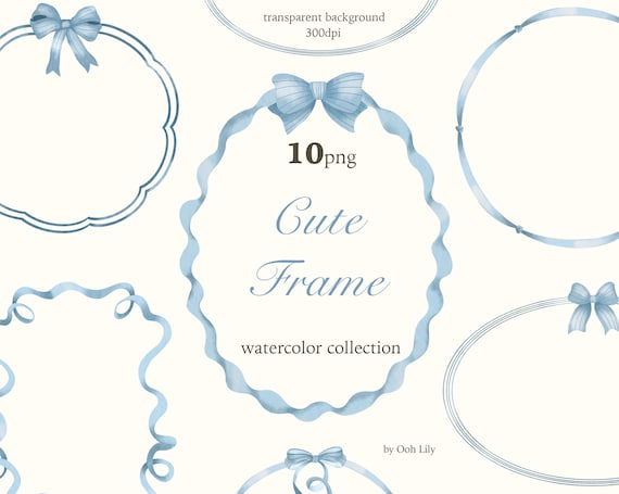 Watercolor Frame Clipart, Blue Bow Frames (Digital Download PNG)