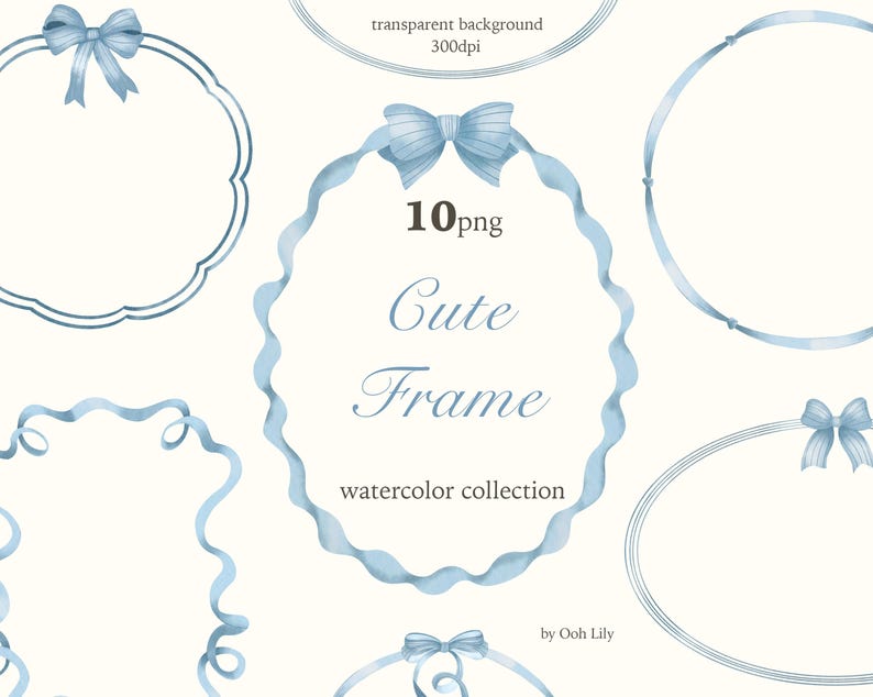 Watercolor Frame Clipart, Blue Bow & Ribbon Tiny Frames, Cute Wavy Borders, Vintage  Wedding Invitation, Nursery Print, Digital Download PNG