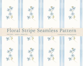 Blau Floral Streifen Aquarell Muster: Vintage Digitales Papier (PNG Download)