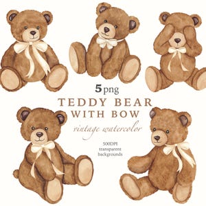 Watercolor Teddy Bear with Bow Clipart, Vintage Nursery Bear Toy, Cute Baby Decor, Shower Invite, Newborn Party, Digital PNG, Commercial Use