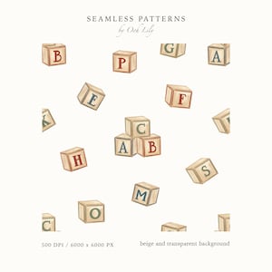 Watercolor Vintage Toy Blocks Seamless Pattern, Baby Nursery Fabric, Neutral Wallpaper Print, Digital Textile Design, Scrapbook Paper PNG