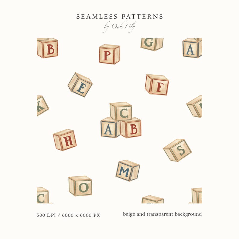 Watercolor Vintage Toy Blocks Seamless Pattern, Baby Nursery Fabric, Neutral Wallpaper Print, Digital Textile Design, Scrapbook Paper PNG