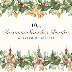 Bordure aquarelle de Noël, clipart bordure transparente à feuilles persistantes, fleurs d'hiver, bougies cloches confortables, sublimation, carte de voeux de Noël
