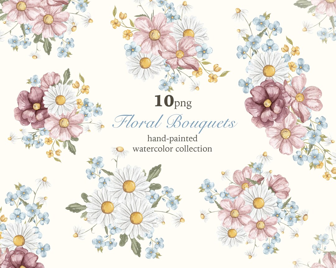 Watercolor Floral Bouquets Clipart: Spring Flower PNG (digital Download ...