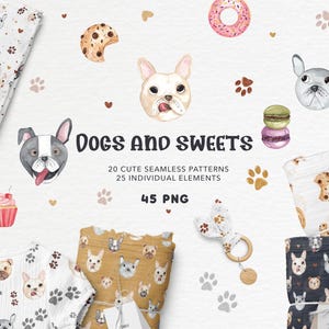 Padrão sem emendas de cães em aquarela, clipart de cães com doces, buldogue francês fofo, pegada de cachorro, donuts, biscoitos, papel digital de berçário PNG