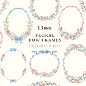 Aquarell-Blumenrahmen-Cliparts, Kokette Schleifenbordüre (PNG), Babyparty, Hochzeitseinladung (Digitaler Download)