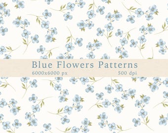 Blue Floral Watercolor Pattern, Ditsy Flower Fabric (PNG Digital Download)