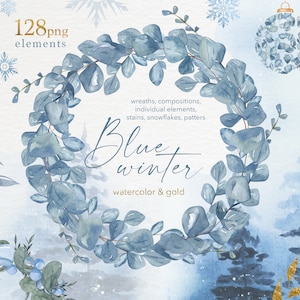 Clipart de inverno em aquarela, Natal azul dourado, Guirlanda floral, Flocos de neve com padrão, Bolas de azevinho, Cartão de felicitações, Convite de Natal, Ano novo PNG