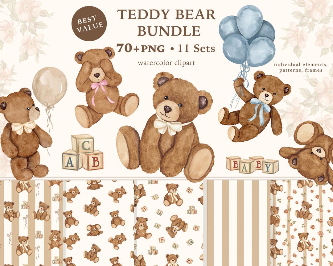 Watercolor Teddy Bear Clipart Bundle, Baby Nursery Decor, Seamless ...