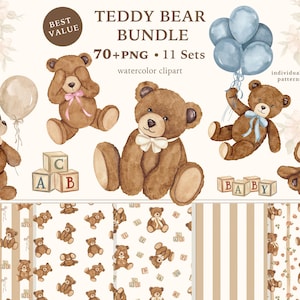 Watercolor Teddy Bear Clipart Bundle, Baby Nursery Decor, Seamless Patterns, Frames, Commercial Use PNG