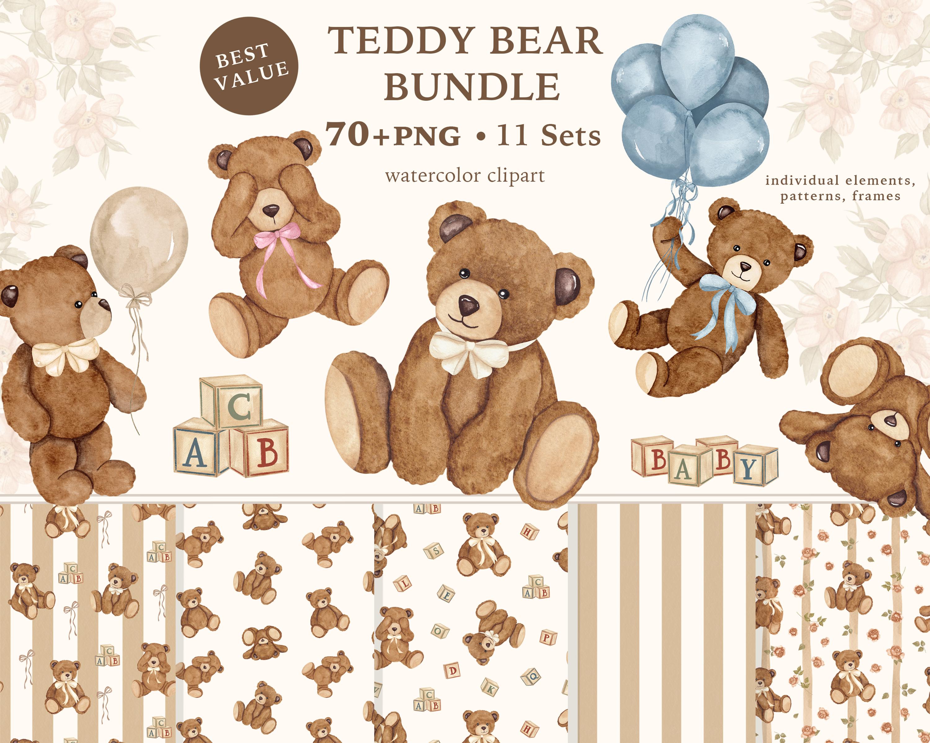 Watercolor Teddy Bear Clipart Bundle, Baby Nursery Decor, Seamless ...