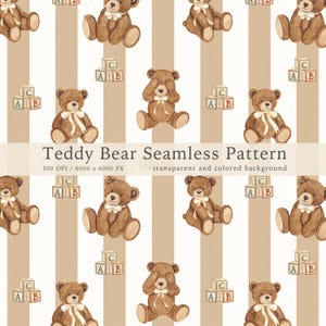 Puede incluir: Patrón sin costuras con osos de peluche marrones, lazos blancos y bloques de letras sobre un fondo a rayas. Se muestra el texto "Teddy Bear Seamless Pattern". Adecuado para productos para bebés y decoración de guarderías.