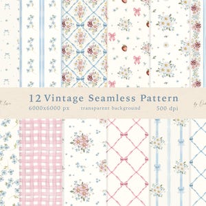 May include: Twelve vintage seamless patterns featuring floral designs, gingham, bows, and stripes in shades of blue, pink, and white. The patterns are 6000x6000 pixels and 500 dpi.