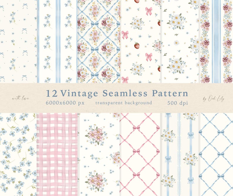 Watercolor Coquette Pattern, Summer Seamless Pattern, Vintage Bow and Floral, Blue Pink Tinny, Nursery Digital Print, Textile Commercial Use