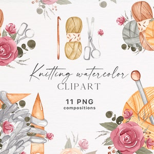 Aquarell Stricken Clipart, Stricken Logo, Häkeln Clip Art, Stricken Zubehör Werkzeuge, Garn Wolle, Boho Blumen, Handgemacht, Handgemacht PNG