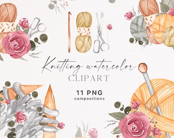 Watercolor Knitting Clipart: Yarn, Crochet, Needlework (PNG)
