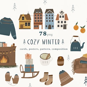 Accogliente inverno Clipart scandinavo Natale Clip Art modello digitale Hygge cartolina case camino guanto tè libro albero carino Capodanno png
