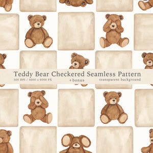 Puede incluir: Patrón sin costuras con osos de peluche marrones y cuadrados a cuadros beige sobre fondo blanco. El texto "Teddy Bear Checkered Seamless Pattern" está incluido. Ideal para proyectos creativos.