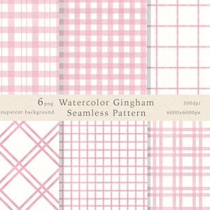 Puede incluir: Seis patrones sin costuras de cuadros de acuarela en tonos rosa y blanco. Los patrones incluyen varios diseños de cuadrícula y cuadros. El texto de la imagen dice "6 png, Watercolor Gingham Seamless Pattern, transparent background, 300dpi, 6000x6000px."